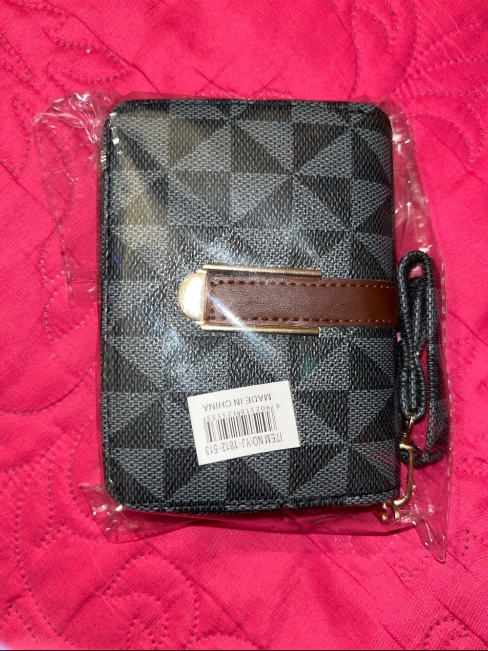 Black Geometric Pattern Zip-Around Wallet with Brown Strap